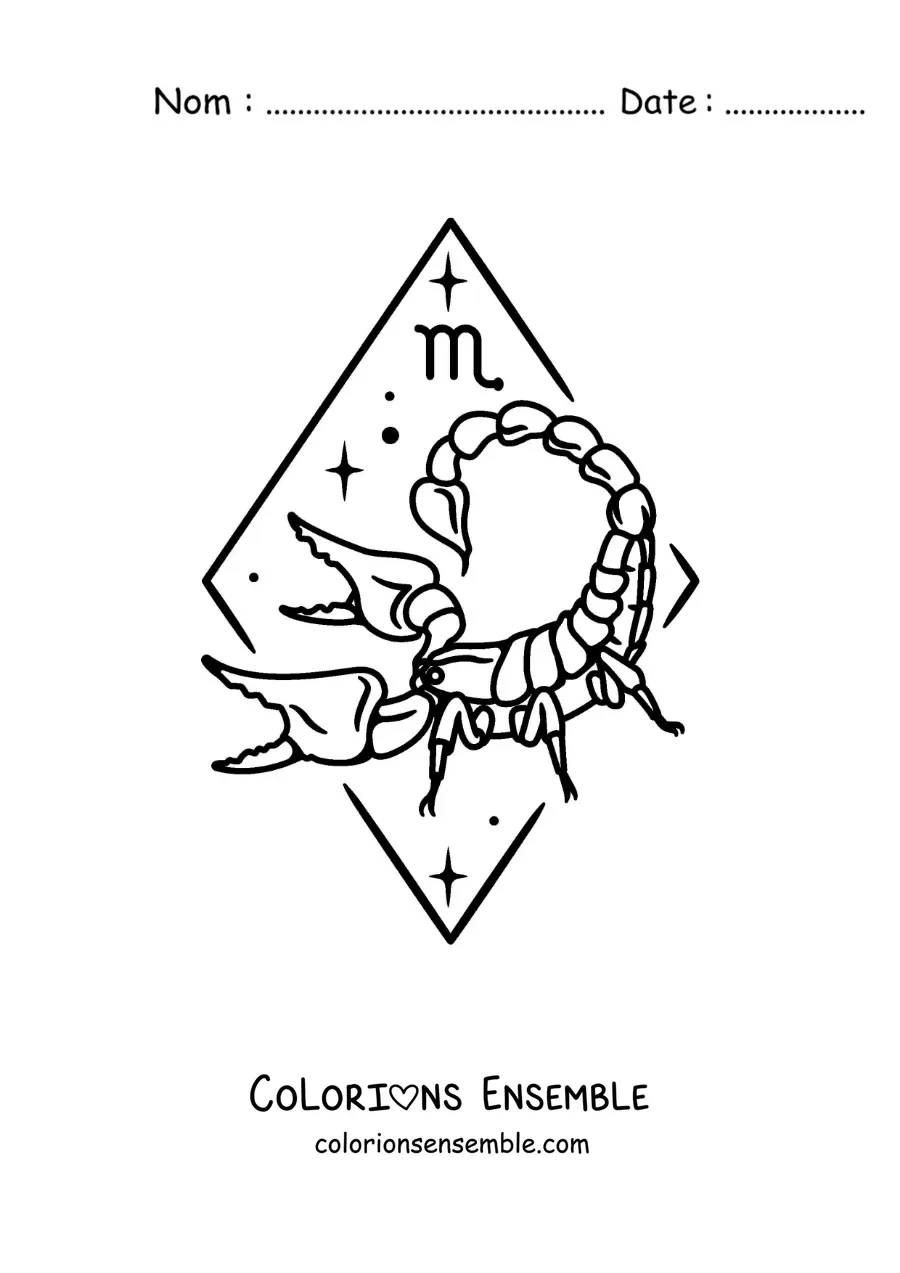 Image à colorier d’un scorpion animé avec le symbole du Scorpion