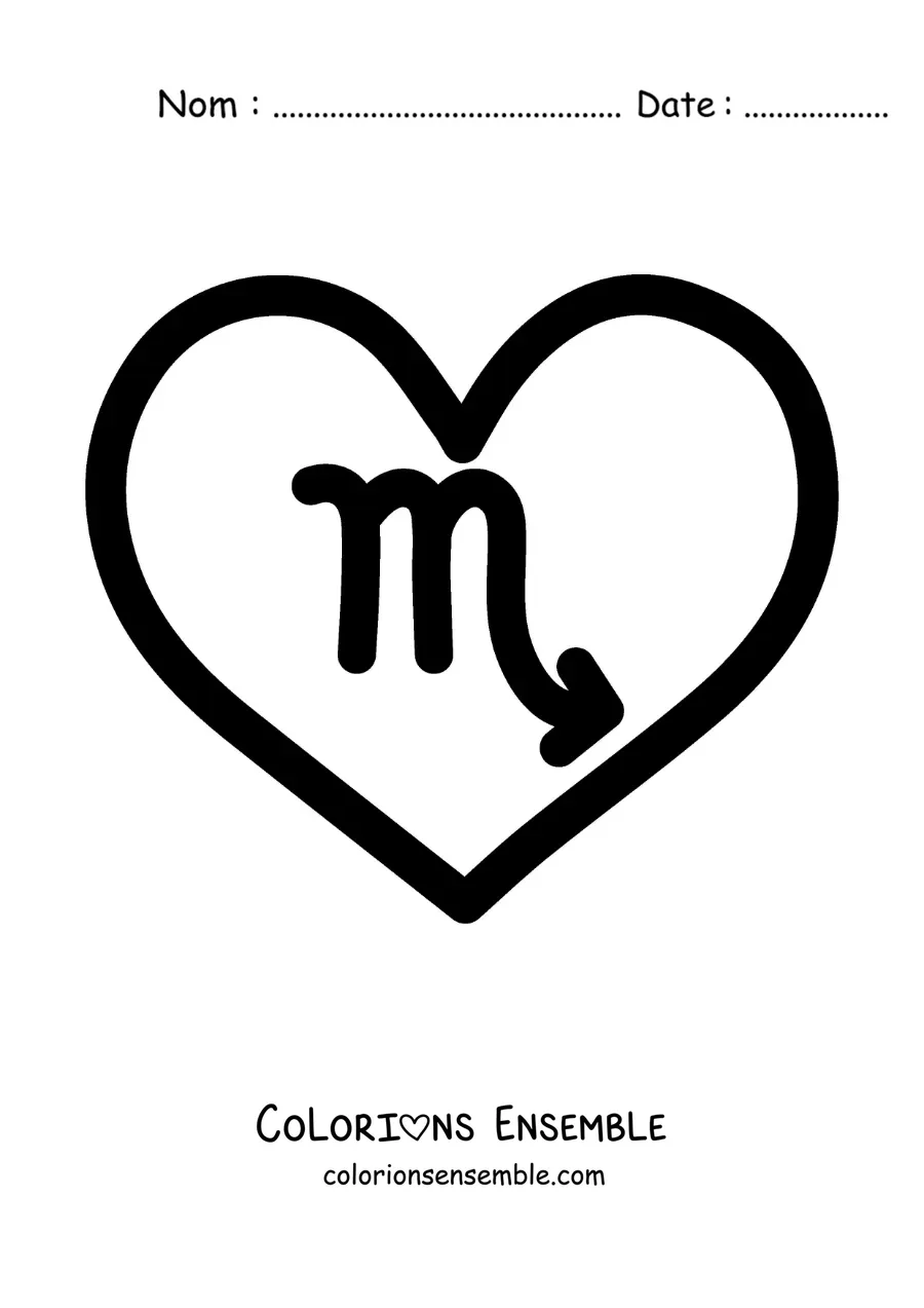 Image à colorier facile du symbole du Scorpion dans un cœur
