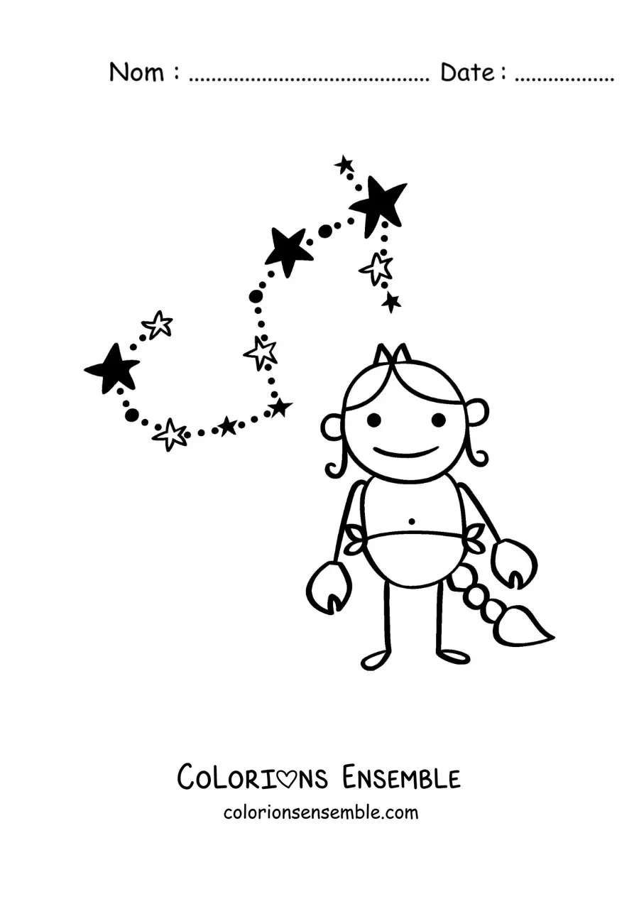 Image à colorier d’un dessin animé du signe du Scorpion avec sa constellation
