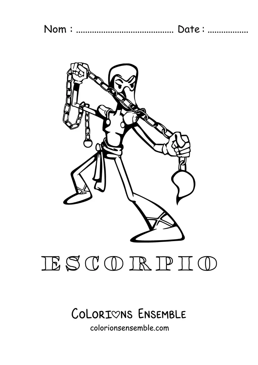 Image à colorier d’un dessin animé du signe du Scorpion avec son nom