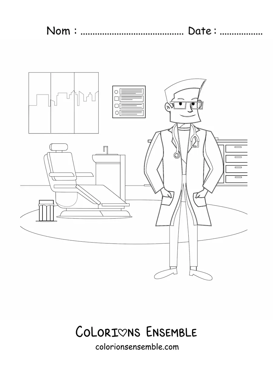 Image à colorier d’un dentiste dans son cabinet dentaire