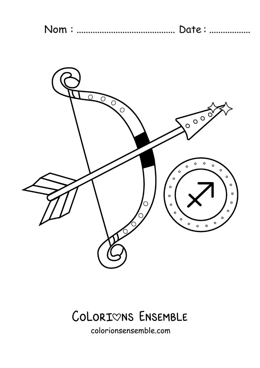 Image à colorier d’un arc et d’une flèche avec le symbole du Sagittaire