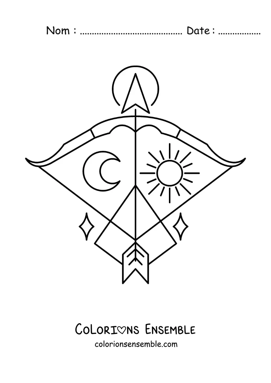 Image à colorier du symbole du Sagittaire avec la lune et le soleil