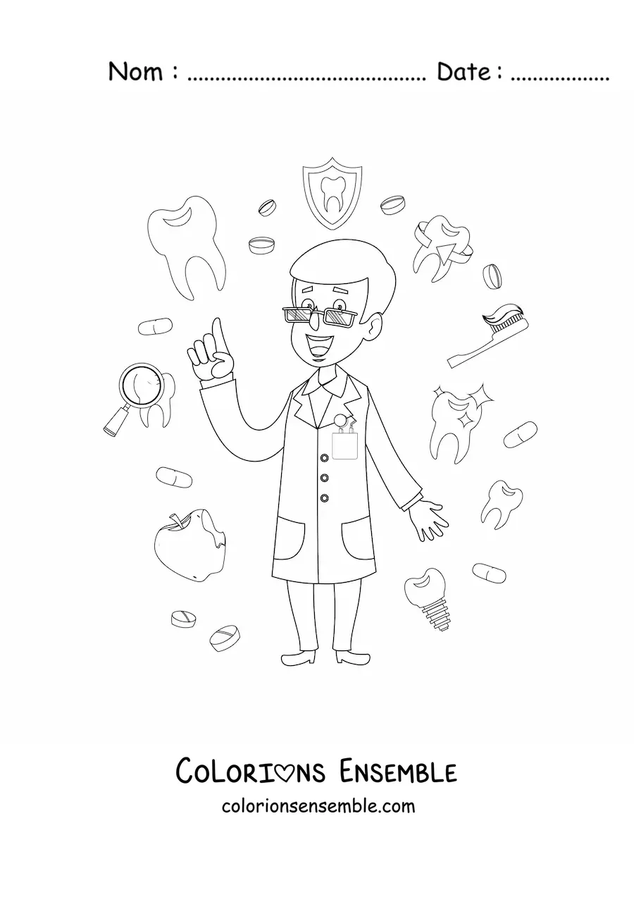 Image à colorier d’un dentiste sensibilisant à l’hygiène dentaire