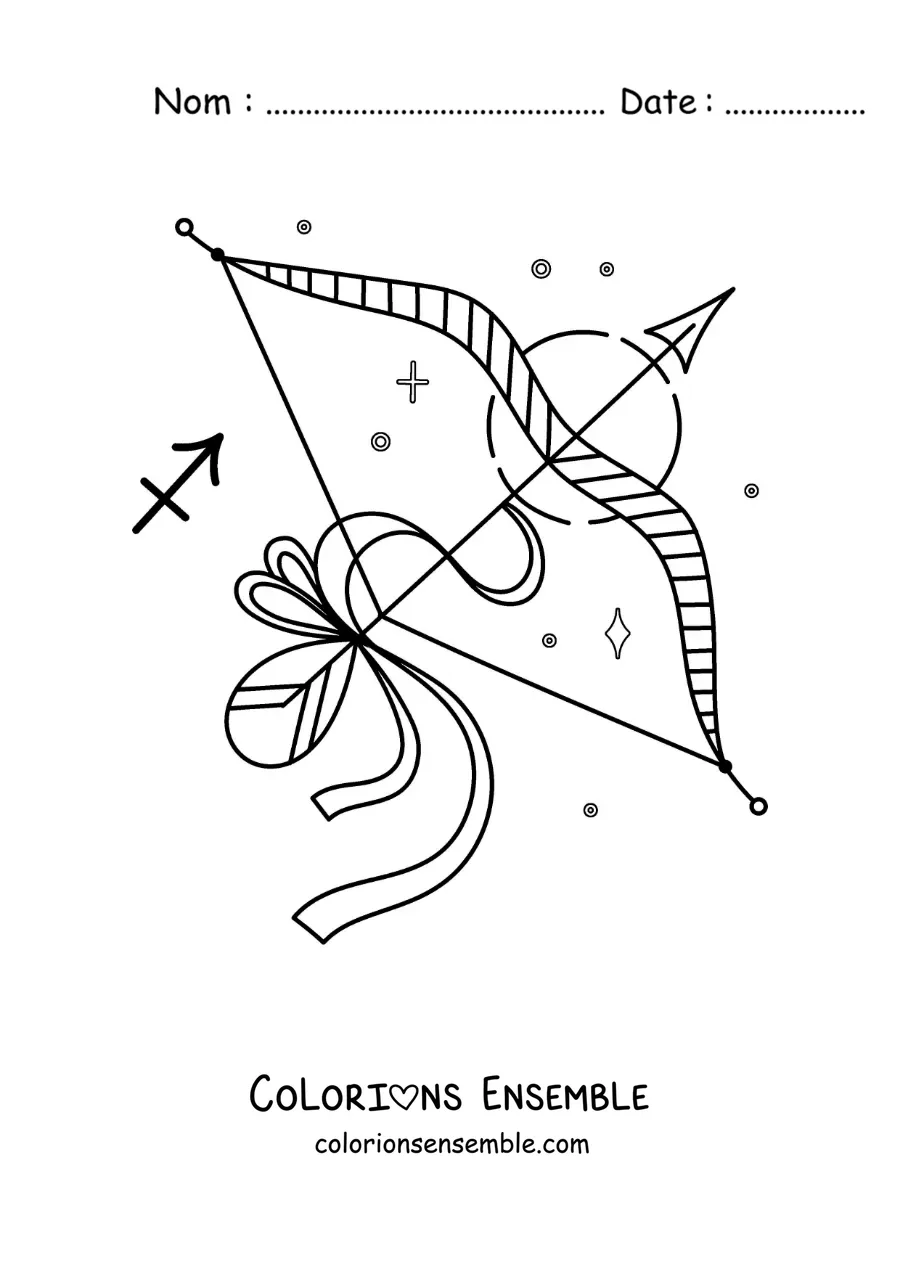 Image à colorier d’un arc et d’une flèche du Sagittaire avec son symbole et des étoiles