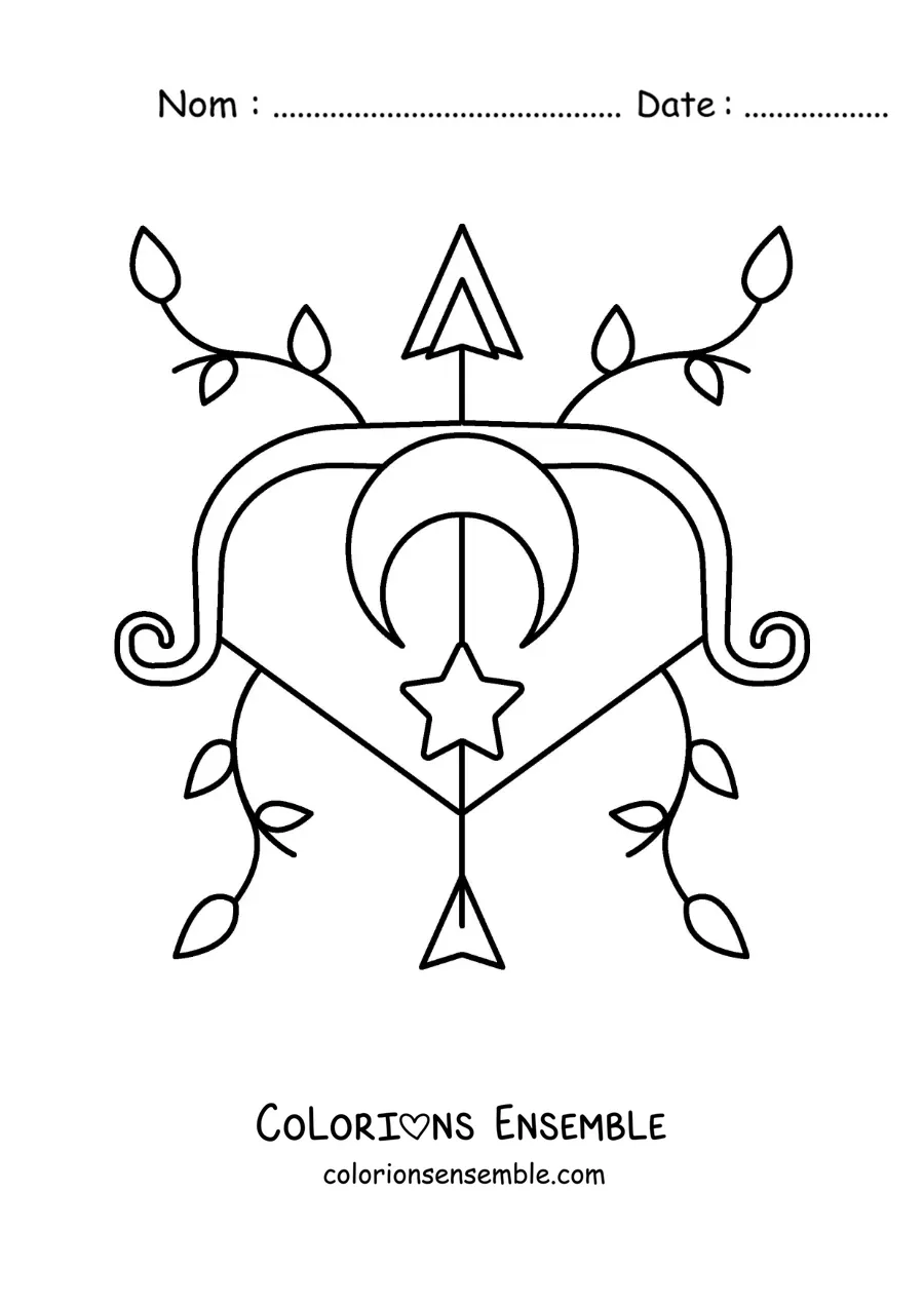 Image à colorier du symbole du Sagittaire animé avec des feuilles et des astres