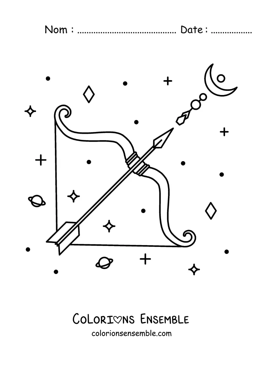 Image à colorier du symbole du Sagittaire avec des astres