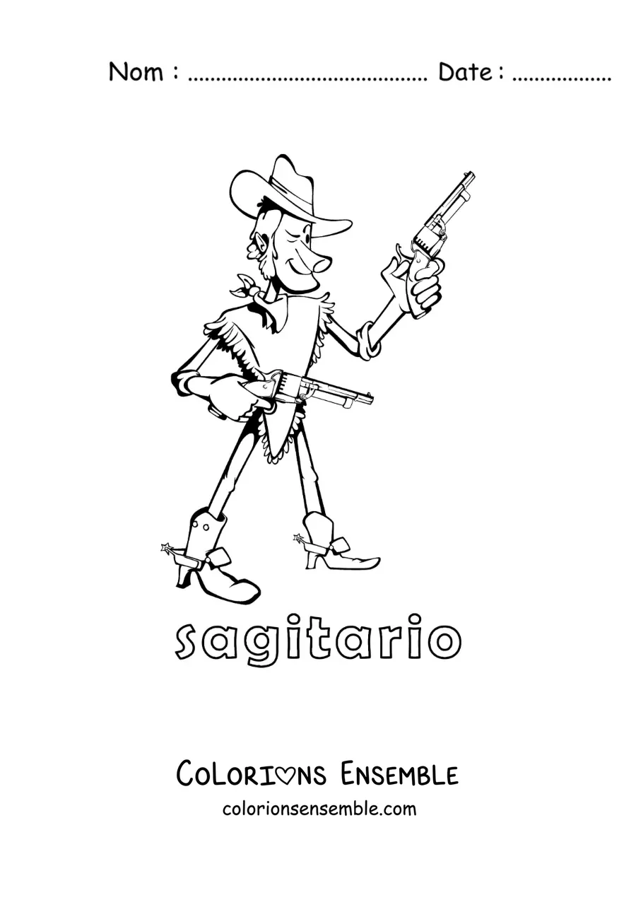 Image à colorier d’un dessin pour enfants d’un cow-boy du signe du Sagittaire avec son nom