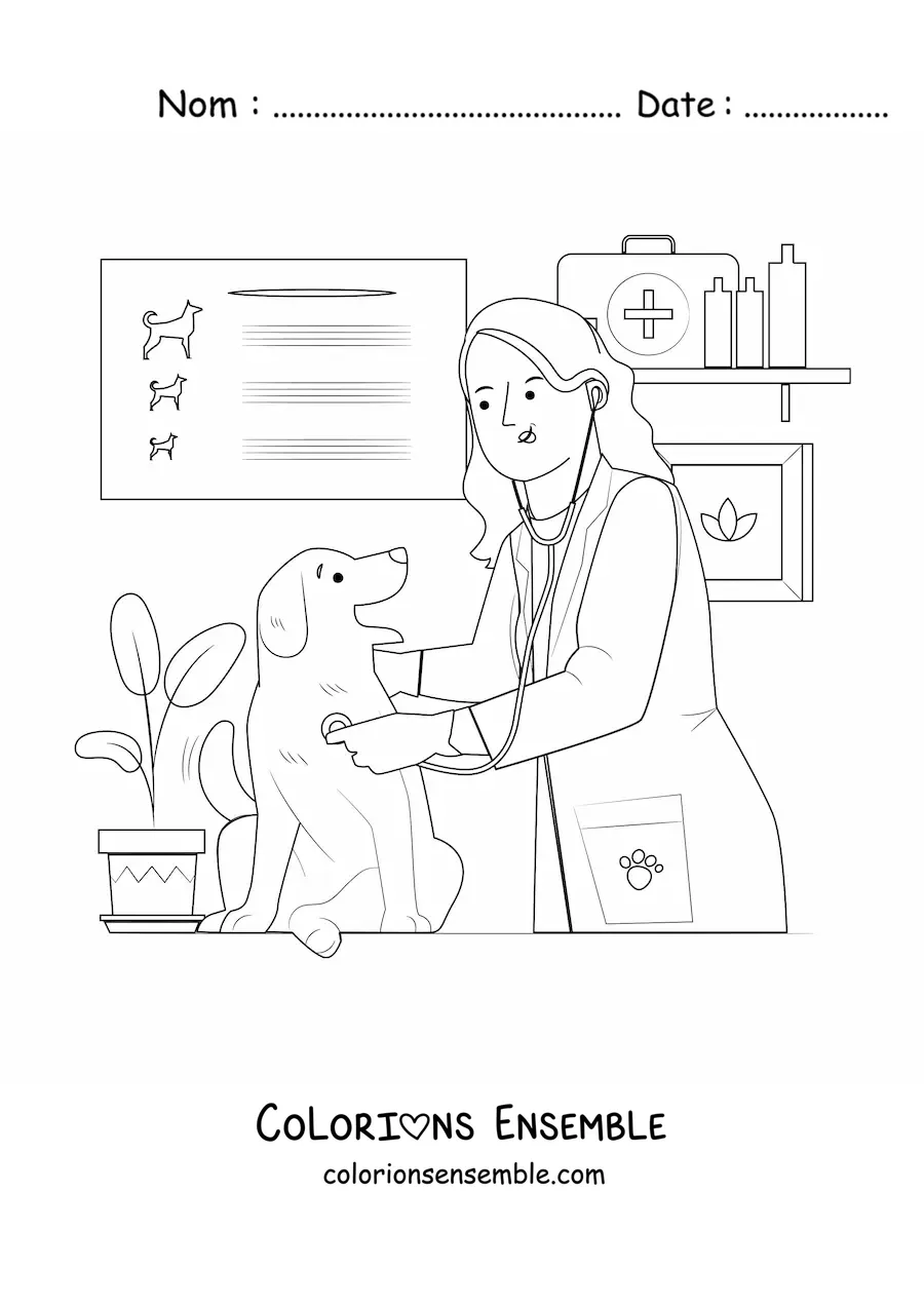 Image à colorier d’une vétérinaire examinant un chien