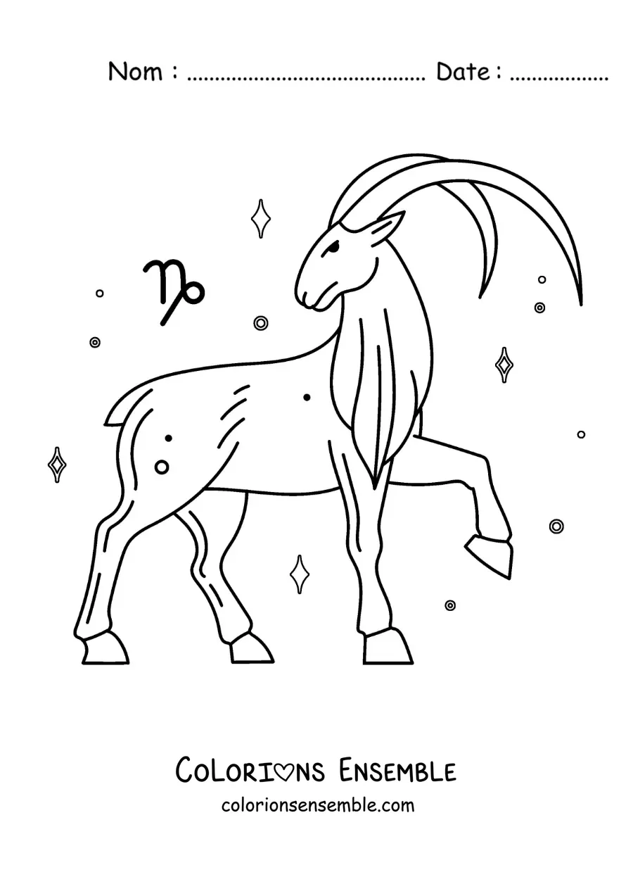 Image à colorier de la chèvre du Capricorne animée avec son symbole et des étoiles