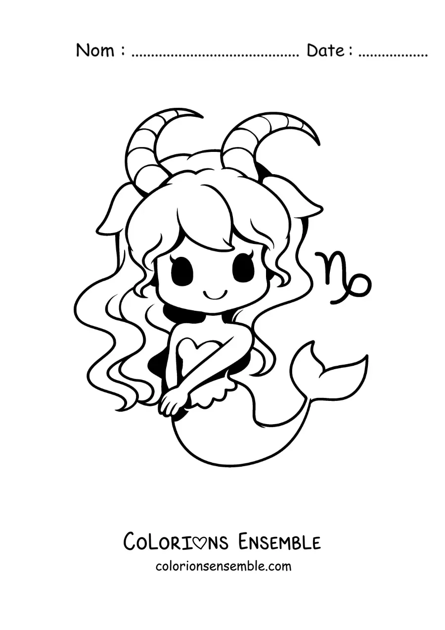 Image à colorier d’une fille kawaii animée de la mythologie du signe du Capricorne