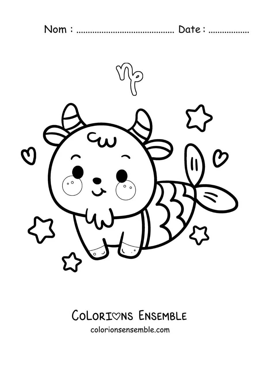Image à colorier d’une chèvre kawaii animée de la mythologie du signe du Capricorne