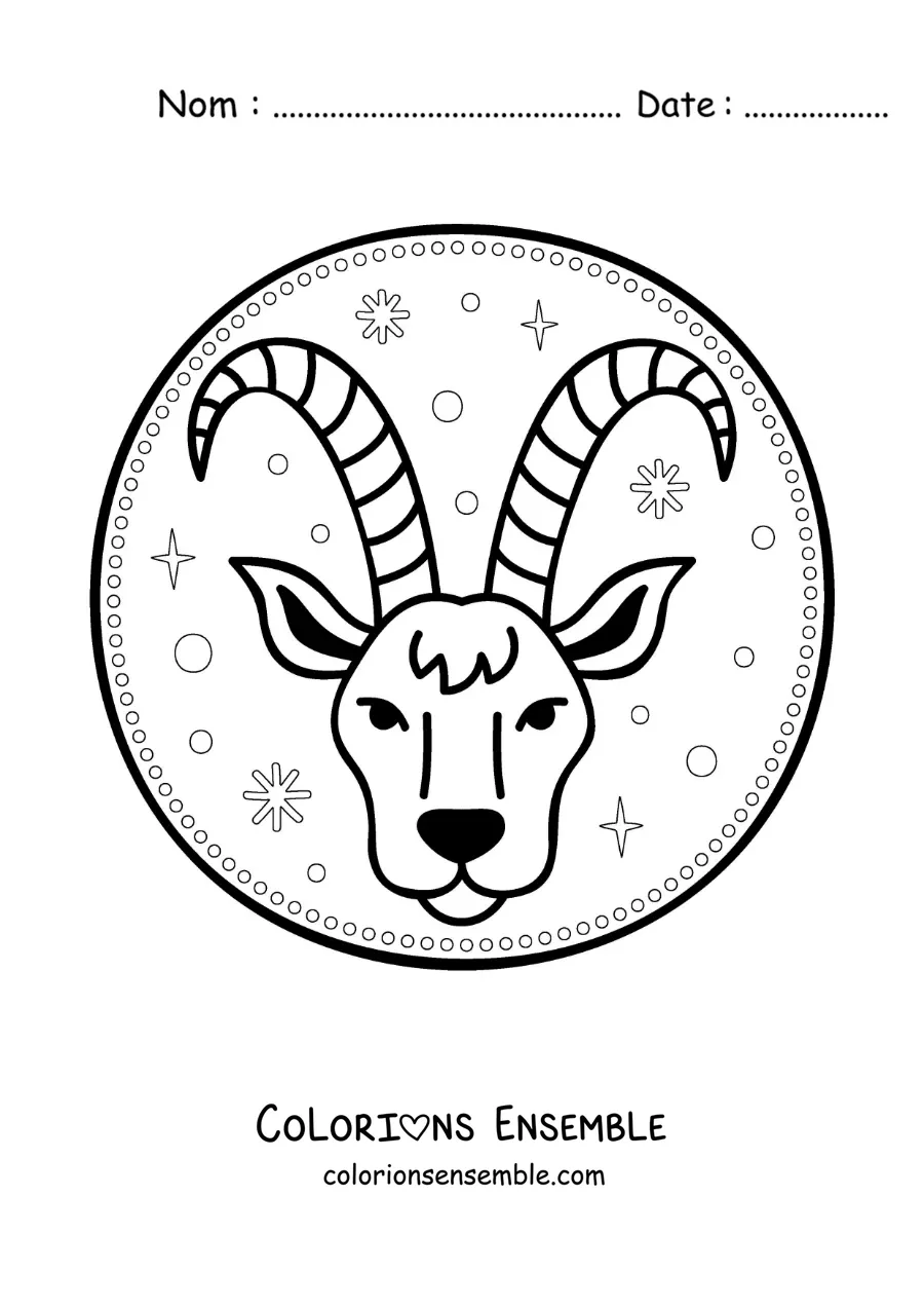 Image à colorier du symbole du signe du zodiaque Capricorne animé avec des étoiles