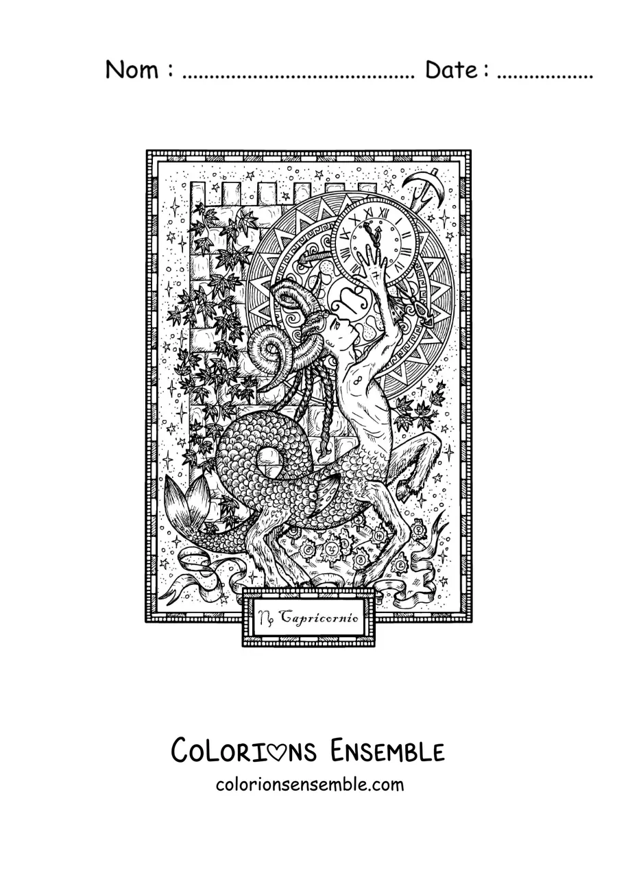 Image à colorier d’une carte du signe du Capricorne