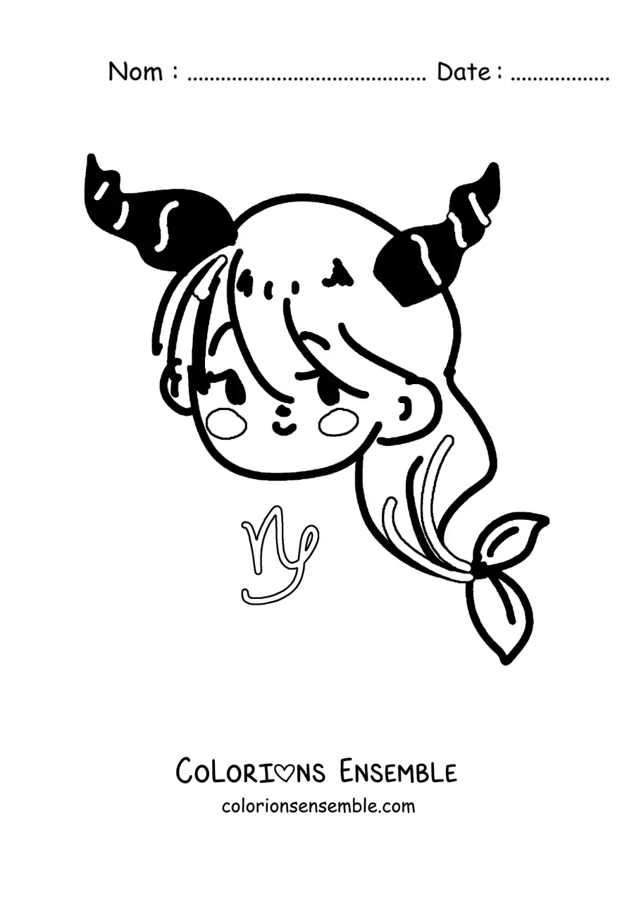 Image à colorier d’une chèvre kawaii animée du signe du Capricorne avec son symbole