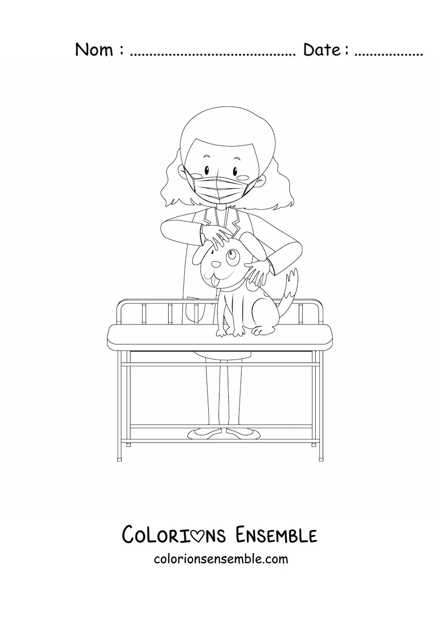 Image à colorier d’une vétérinaire avec un masque examinant un chien