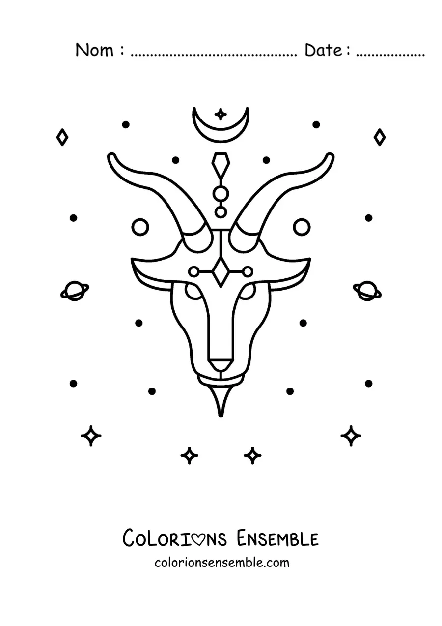 Image à colorier du symbole du signe du Capricorne avec des astres