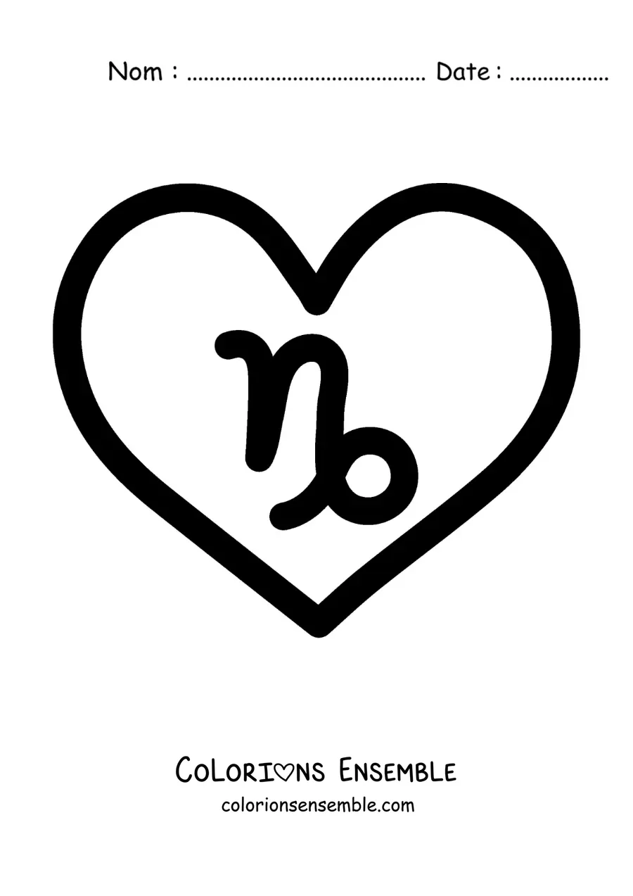Image à colorier facile du symbole du Capricorne dans un cœur