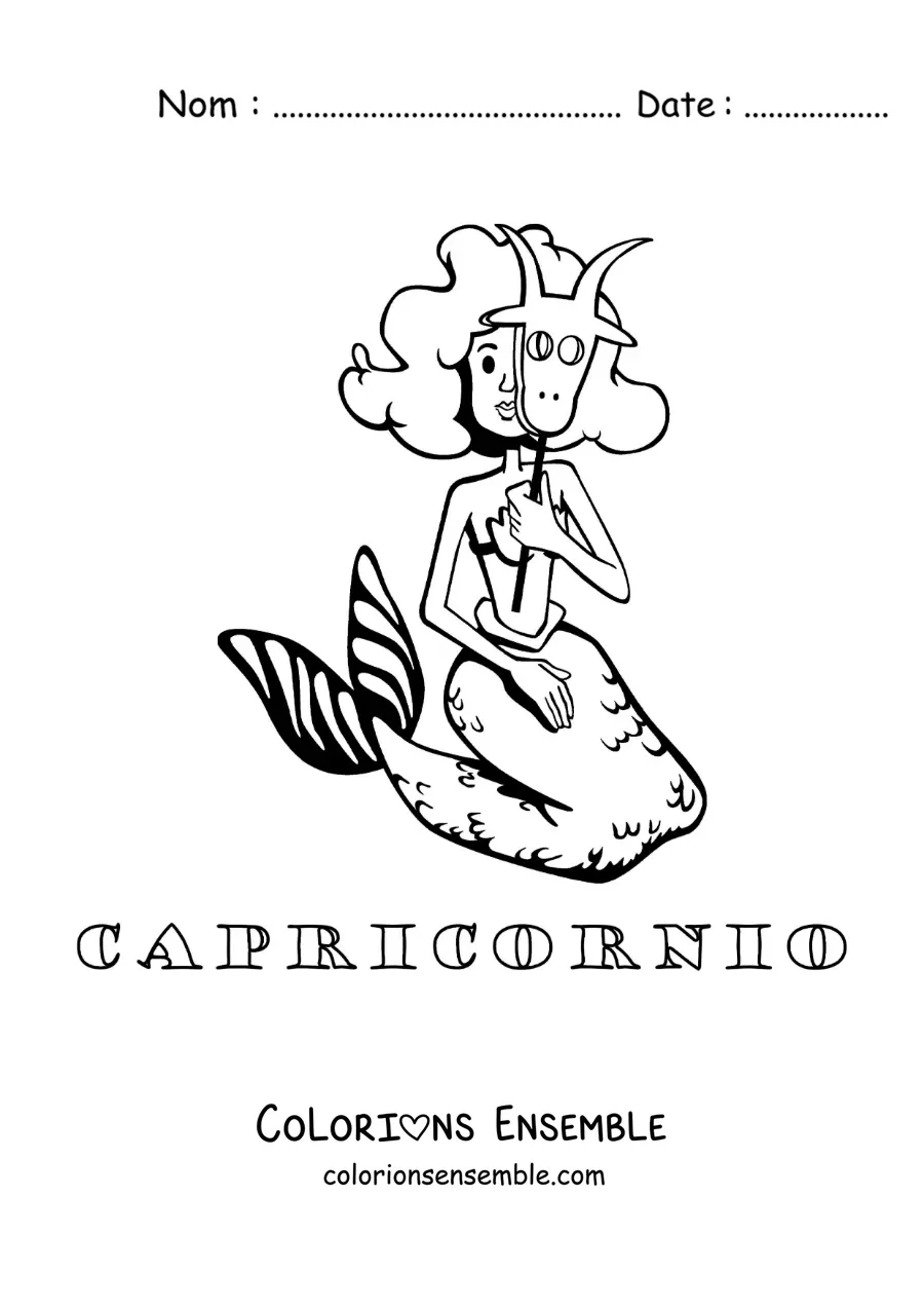 Image à colorier d’un dessin de la mythologie du signe du Capricorne avec son nom
