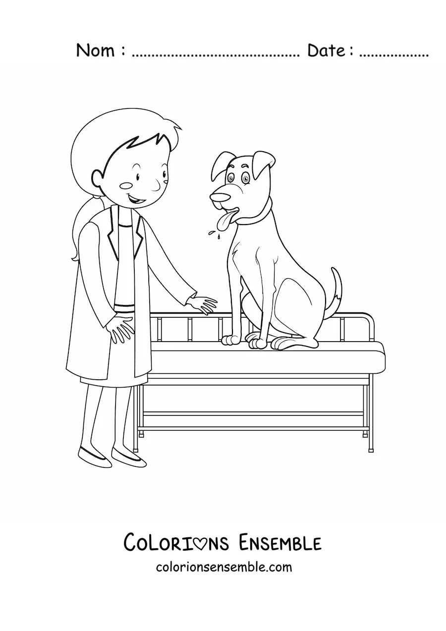 Image à colorier d’une vétérinaire avec un chien sur une table d’examen