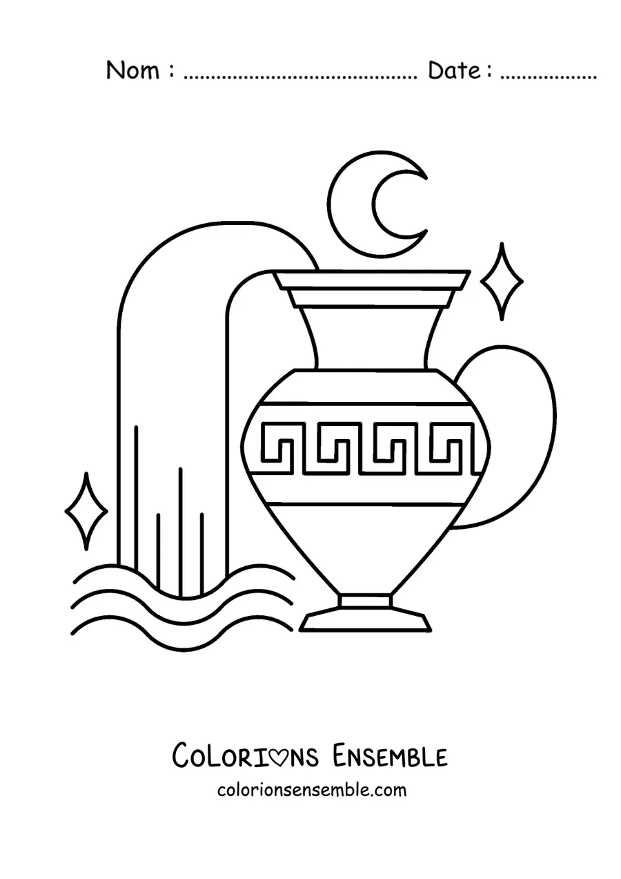 Image à colorier d’une cruche animée du signe du Verseau avec une lune
