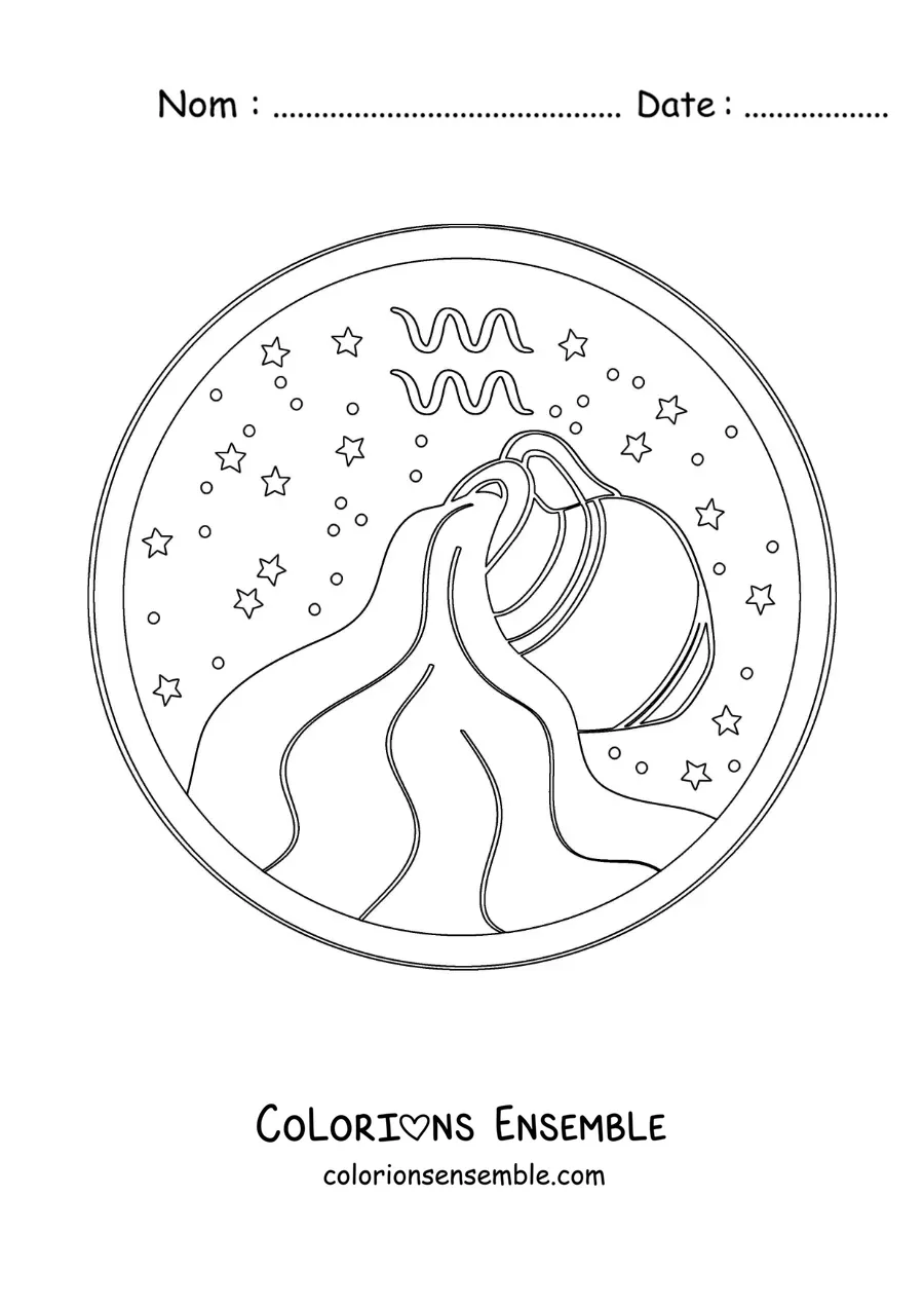 Image à colorier d’une cruche d’eau du Verseau avec son symbole