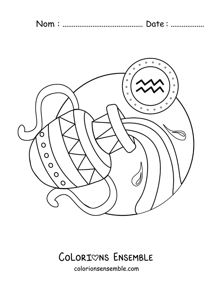 Image à colorier d’une cruche du Verseau versant de l’eau avec son symbole