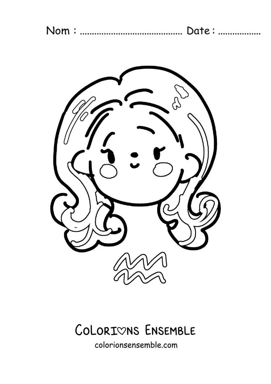 Image à colorier d'une fille kawaii toute mignonne du signe du Verseau