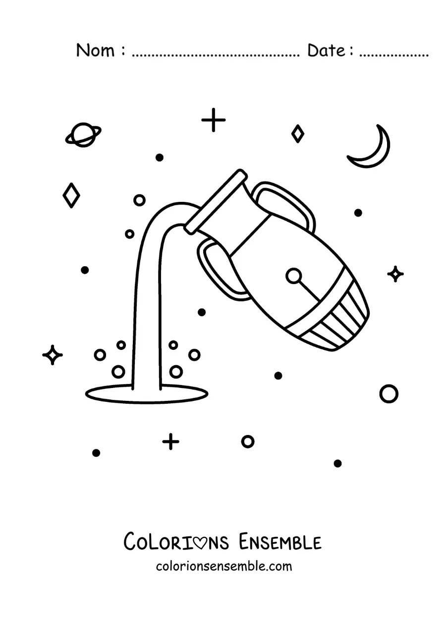 Image à colorier du symbole du Verseau entouré d'astres