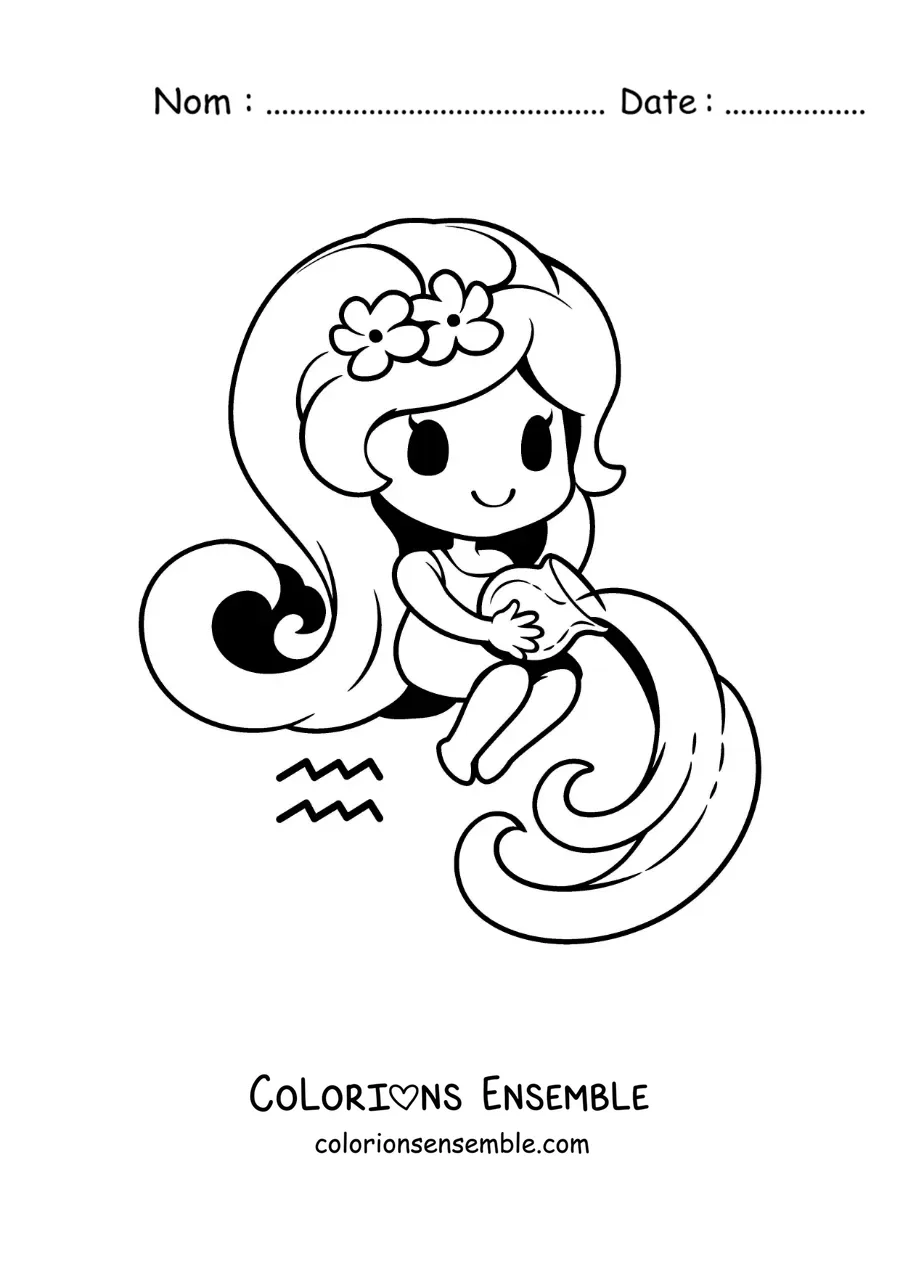 Image à colorier d'une petite fille kawaii toute mignonne du signe du Verseau