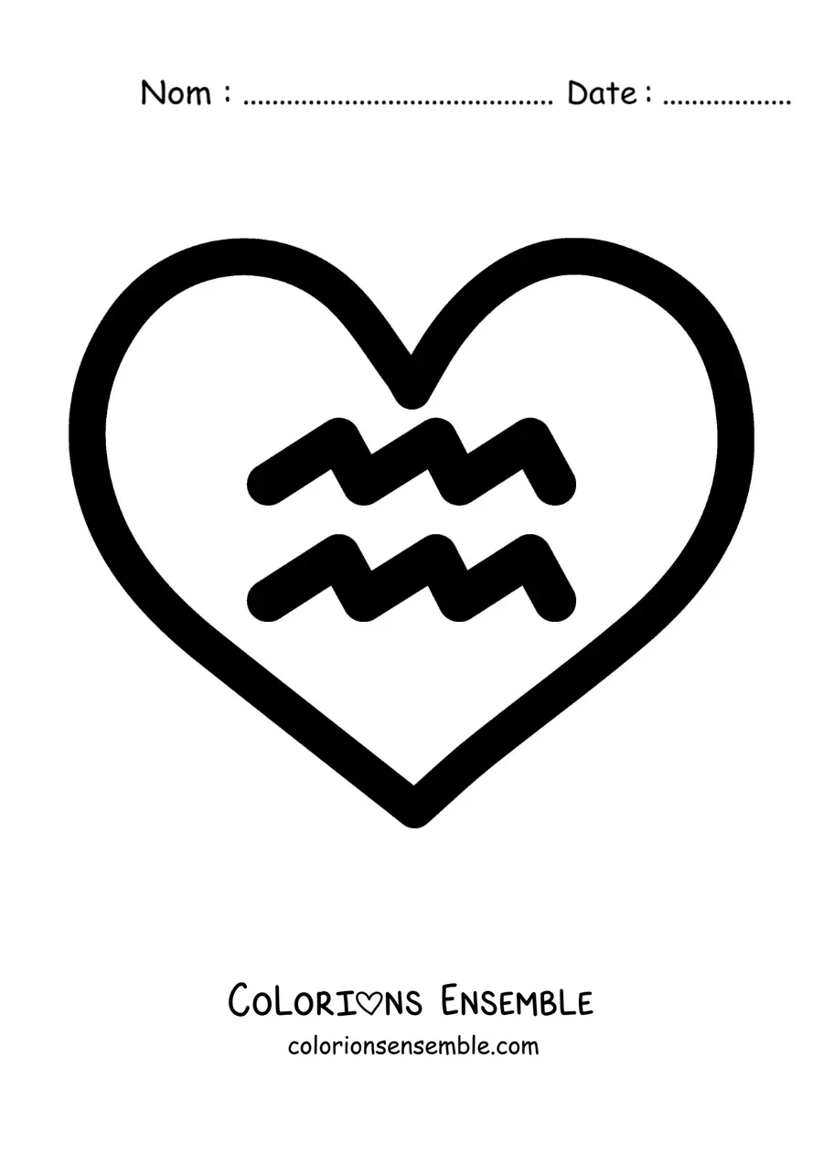 Image à colorier du symbole du Verseau tout simple dans un cœur