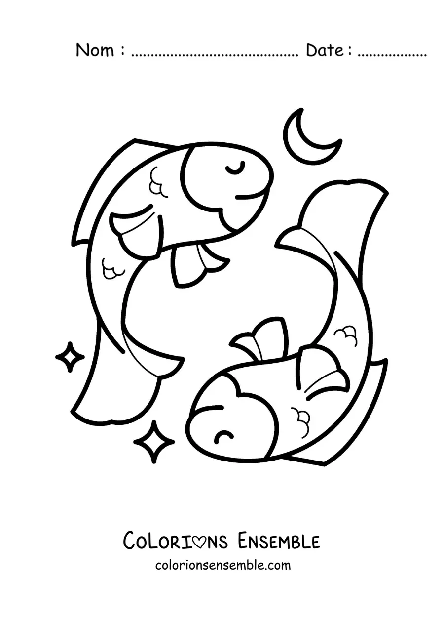 Image à colorier de poissons rigolos du signe des Poissons pour les enfants