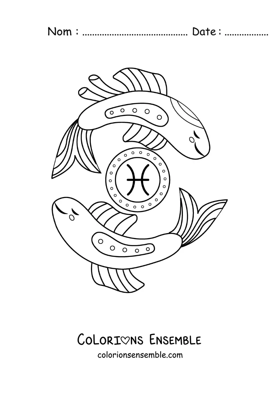 Image à colorier de poissons rigolos du signe des Poissons avec son symbole