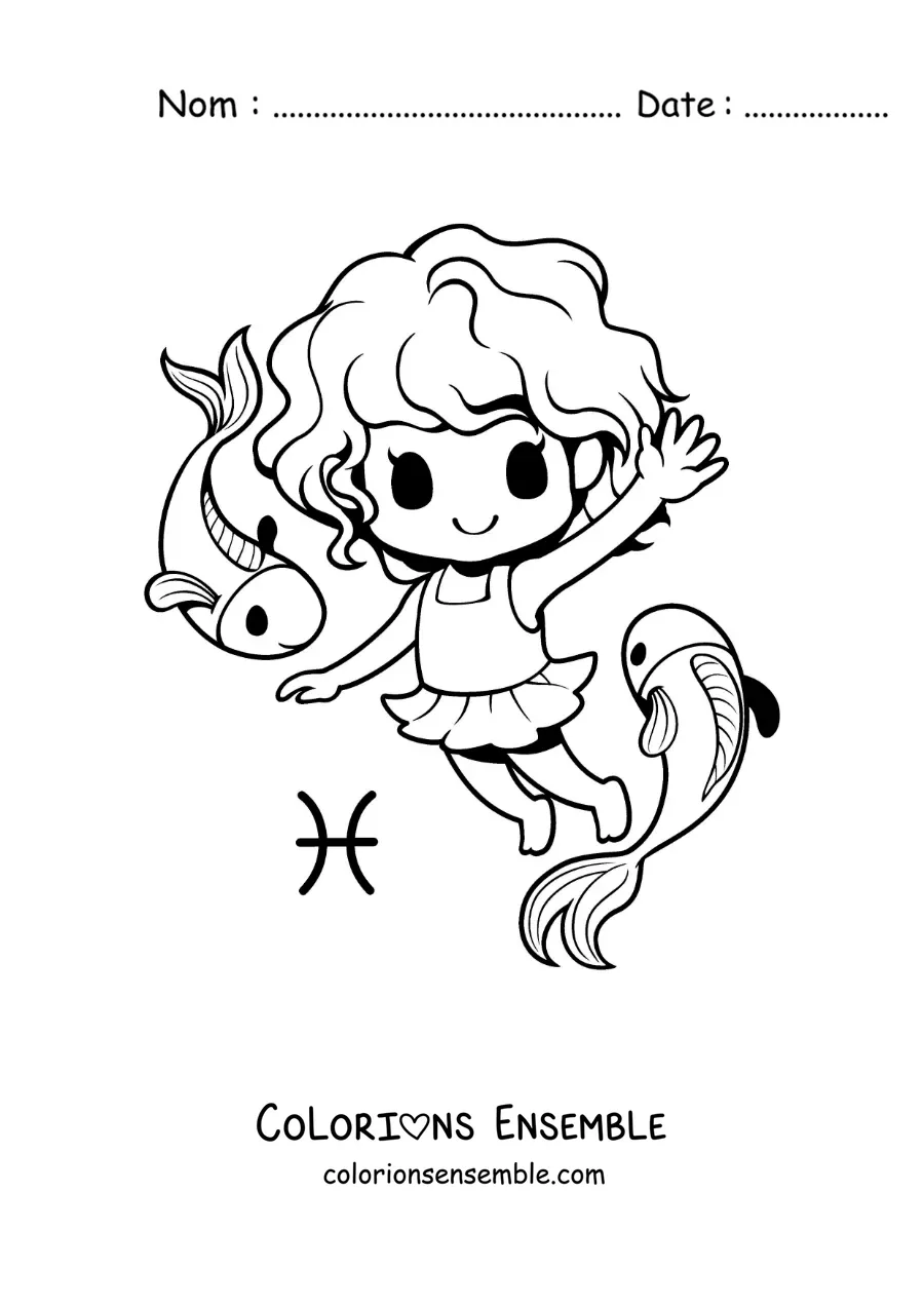 Image à colorier d'une fille kawaii toute mignonne du signe des Poissons avec deux poissons