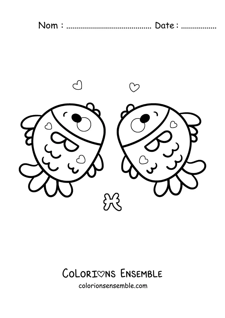 Image à colorier de deux poissons kawaii du signe des Poissons