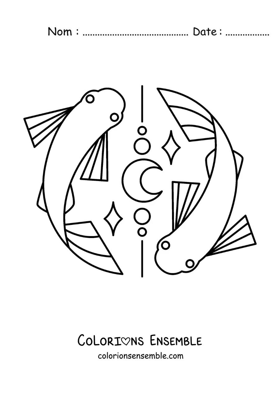 Image à colorier des poissons rigolos du signe des Poissons avec une lune