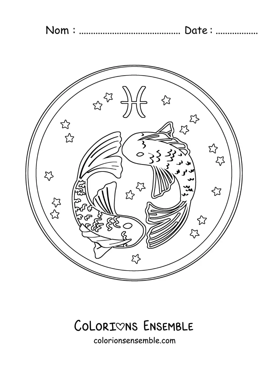 Image à colorier des poissons rigolos des Poissons avec des étoiles et son symbole