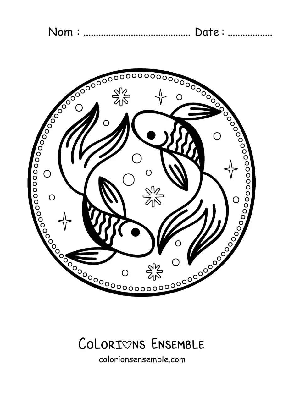 Image à colorier de deux poissons rigolos du signe des Poissons avec des étoiles pour les enfants