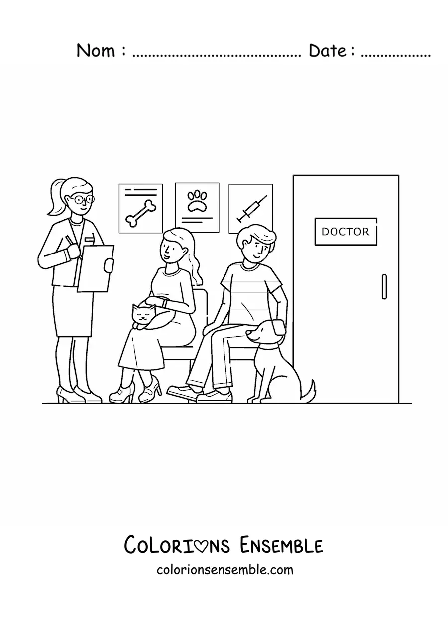 Image à colorier de patients dans la salle d’attente d’une clinique vétérinaire