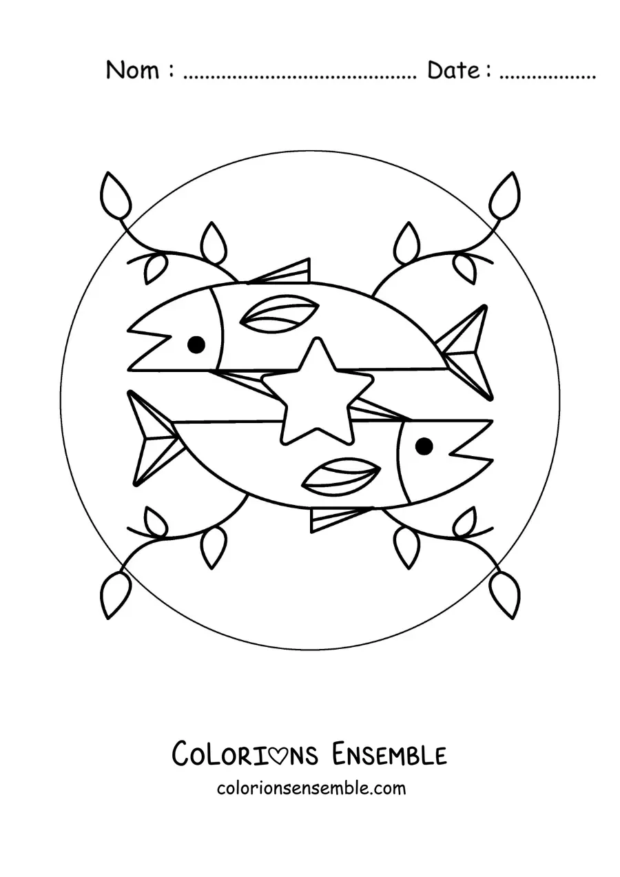 Image à colorier du symbole rigolo du signe des Poissons avec des feuilles