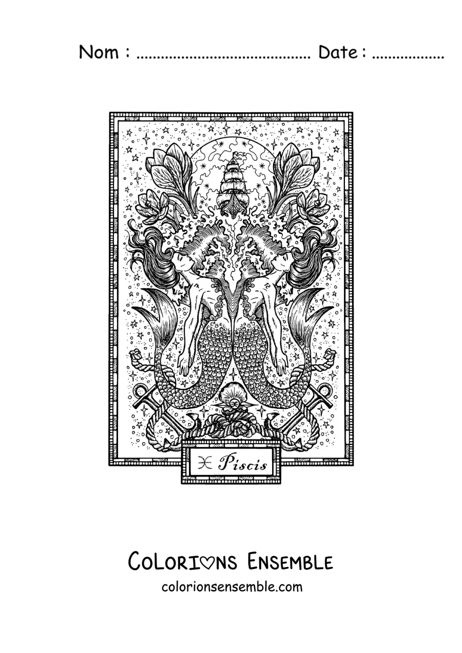Image à colorier d'une carte du signe des Poissons