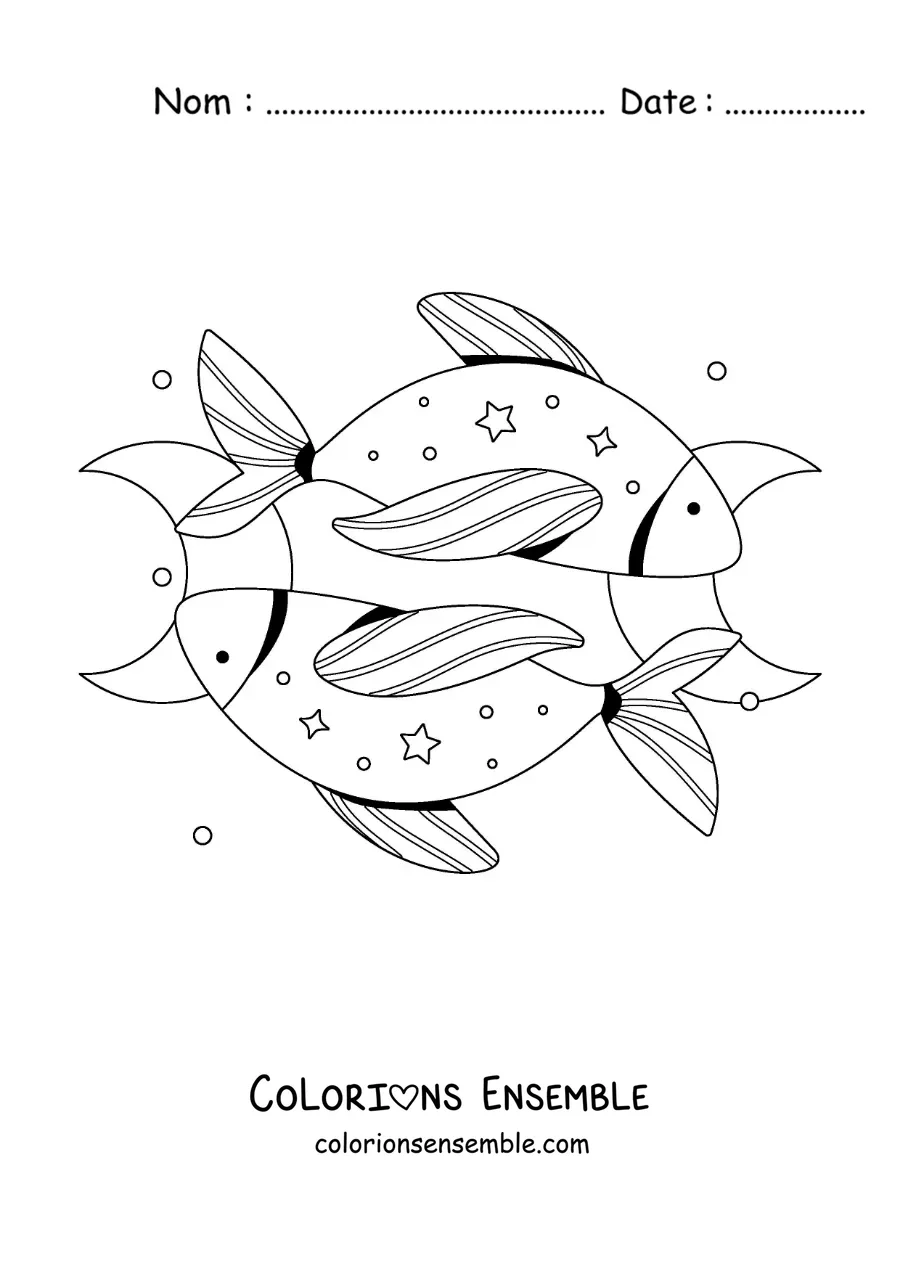 Image à colorier des deux poissons du signe des Poissons avec des étoiles