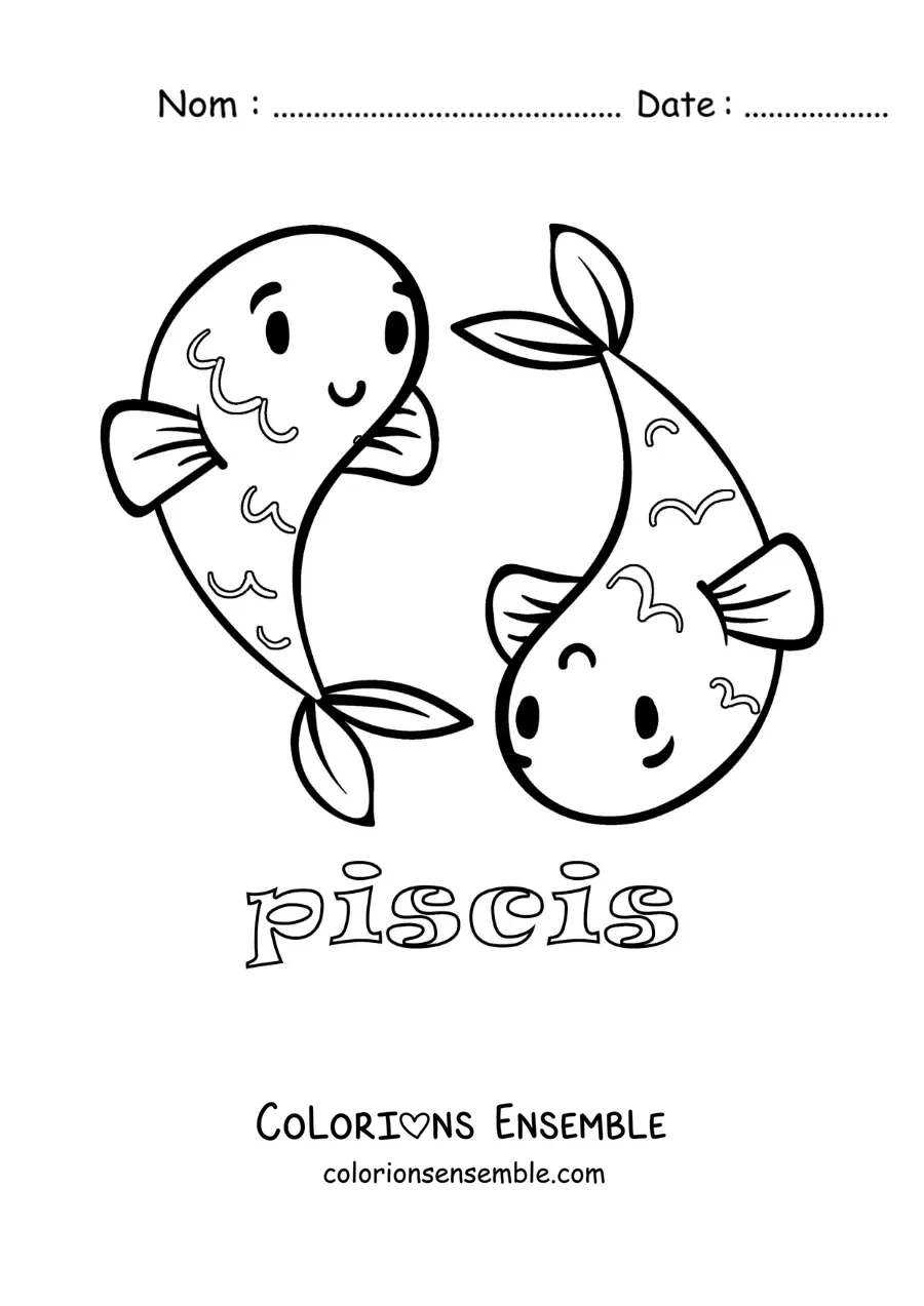 Image à colorier d'un dessin du signe des Poissons avec son nom pour les enfants