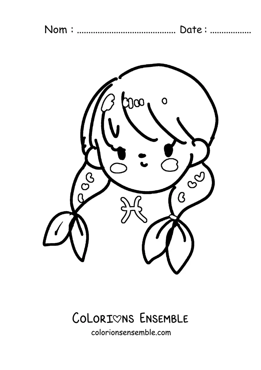 Image à colorier d'une fille kawaii du signe des Poissons