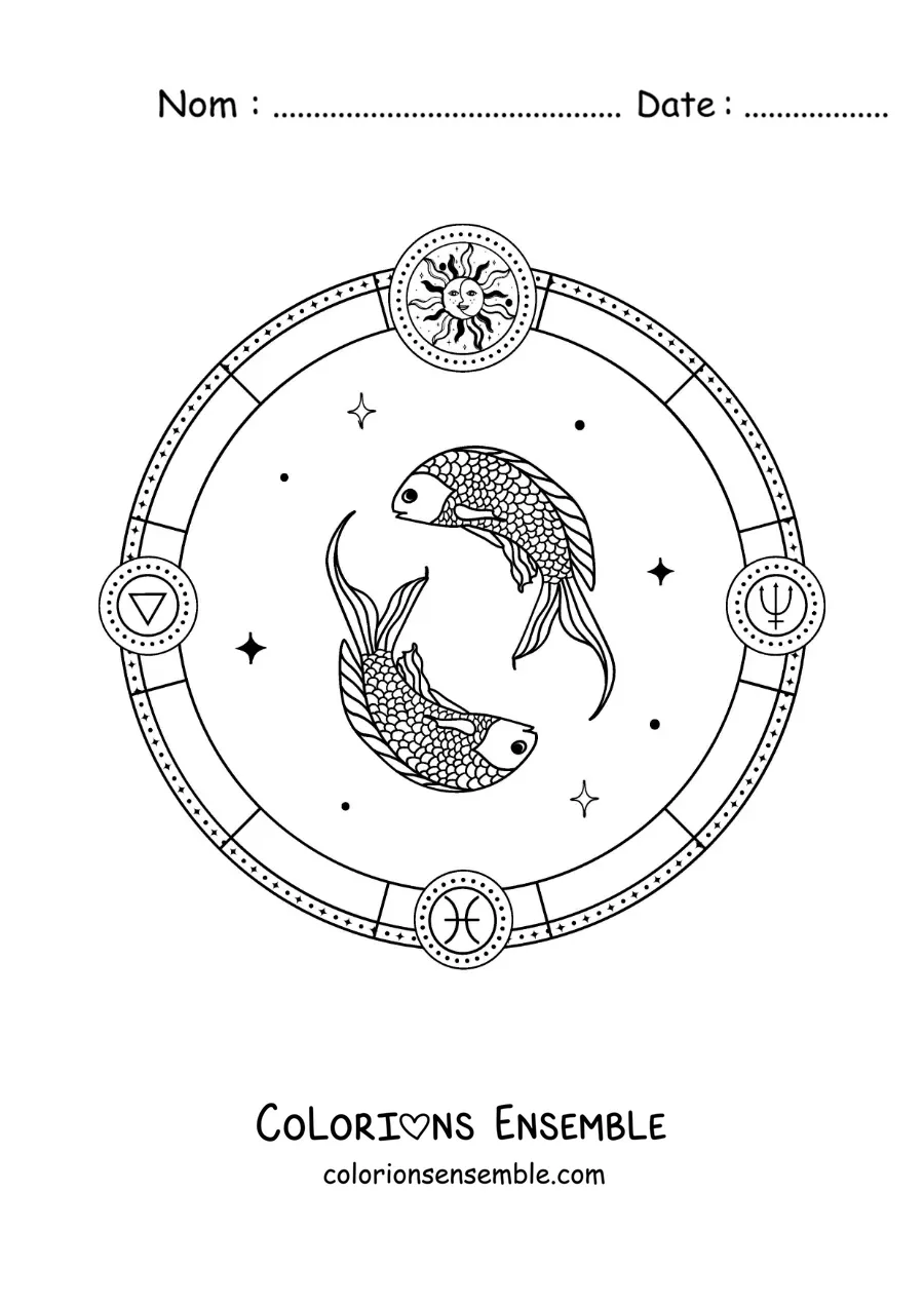 Image à colorier des symboles du signe des Poissons