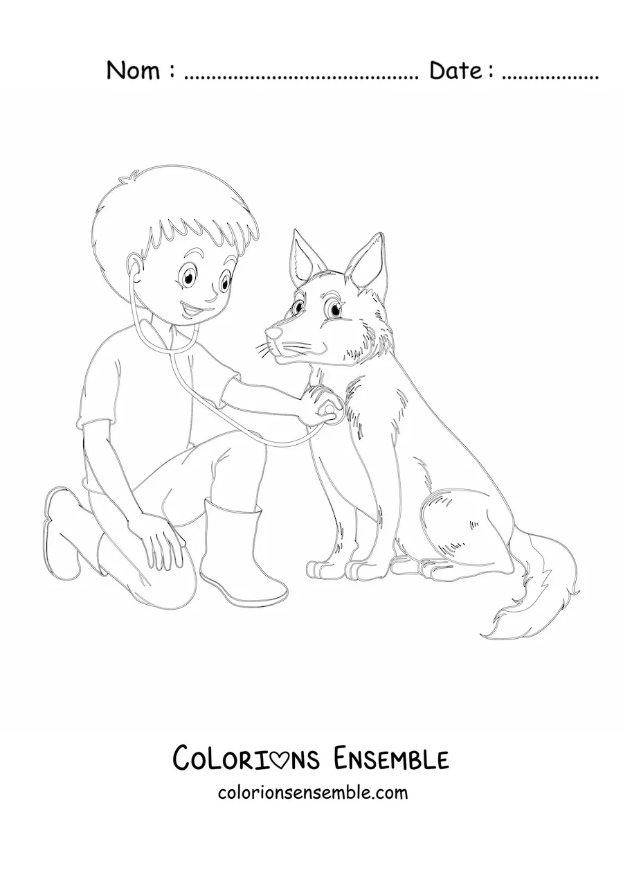 Image à colorier d’un petit garçon habillé en vétérinaire auscultant un chien