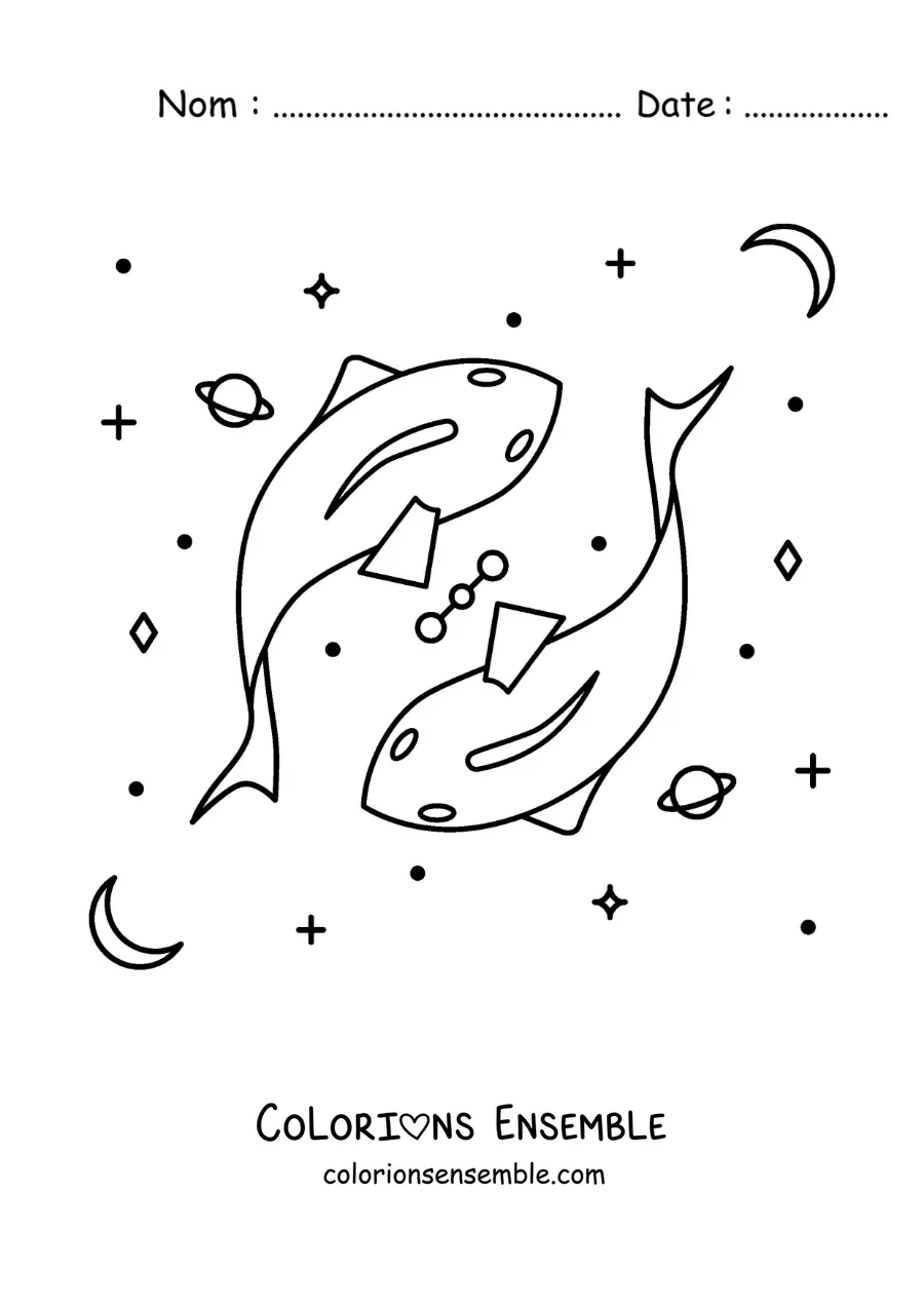 Image à colorier du symbole du signe zodiacal des Poissons entouré d'astres