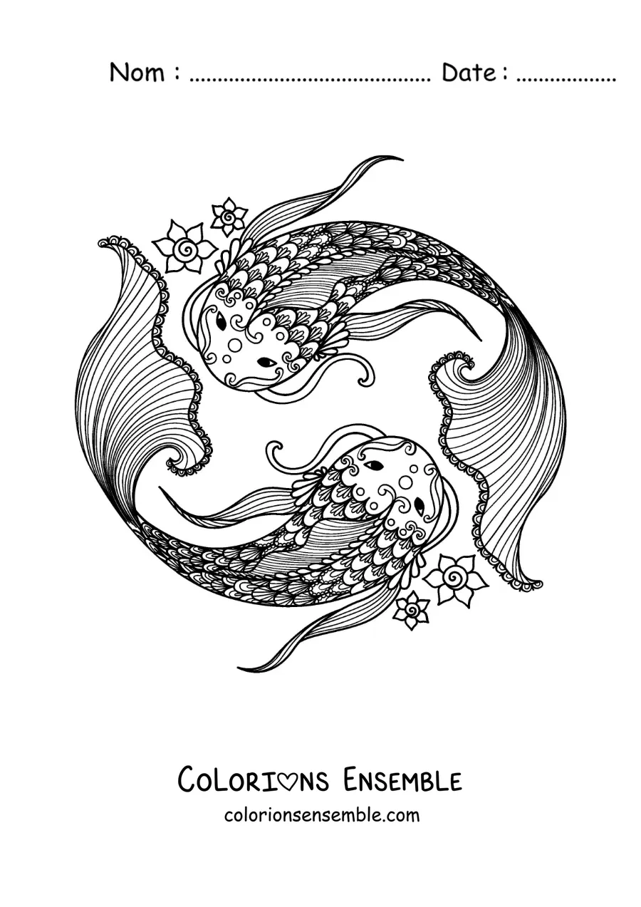Image à colorier du symbole du signe zodiacal des Poissons avec des fleurs