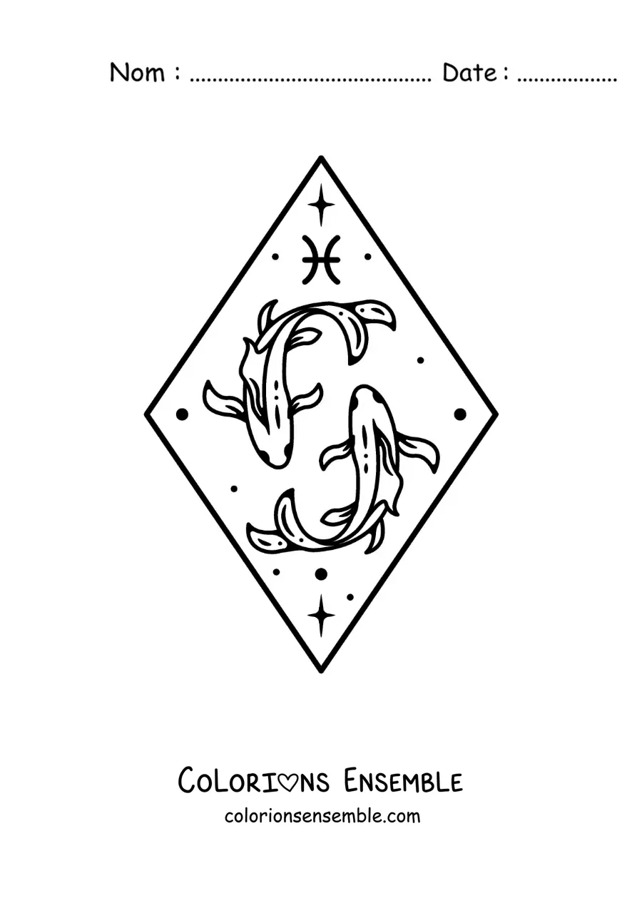 Image à colorier du signe des Poissons avec des étoiles