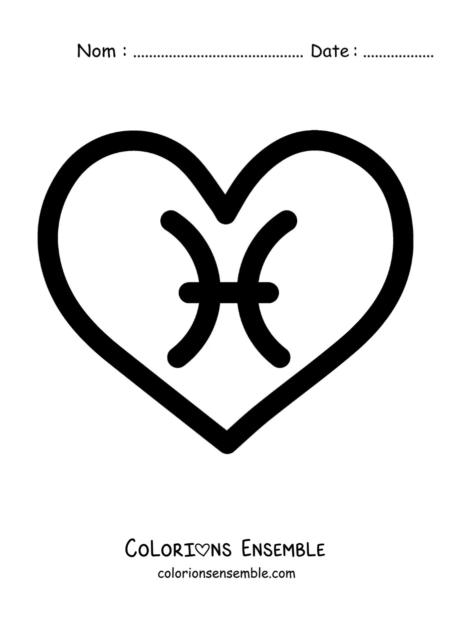 Image à colorier du symbole des Poissons tout simple dans un cœur